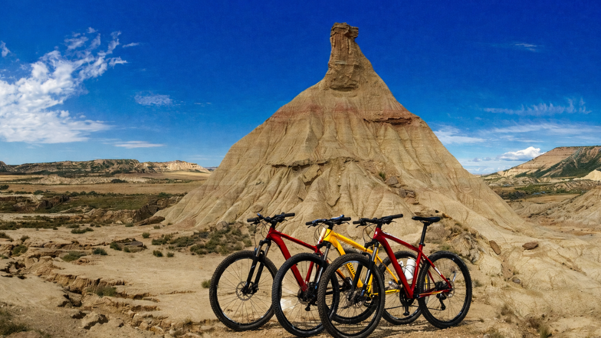 Bardenas Reales de Navarra con bicicletas de montaña frente a Castildetierra